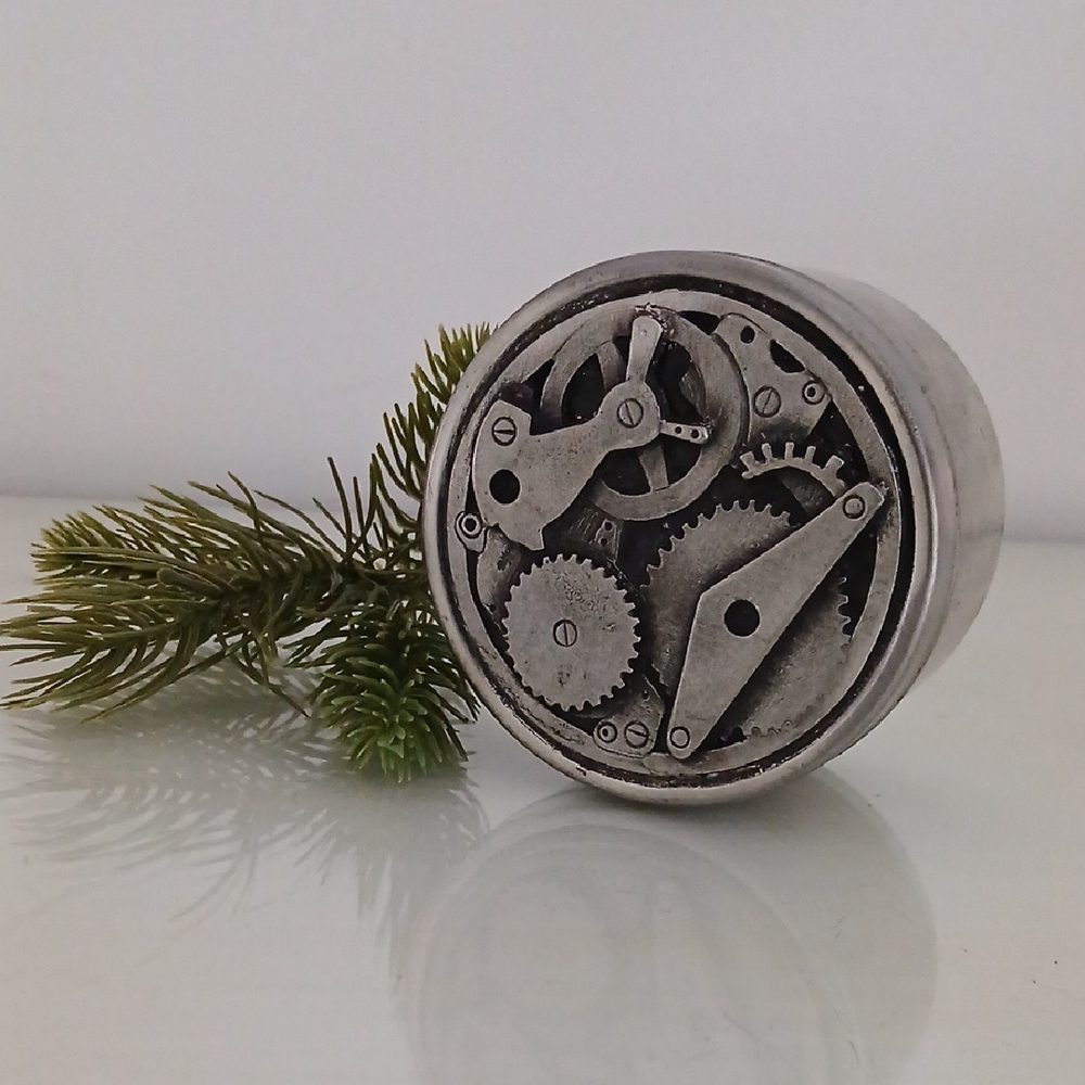 Vintage Metzke GEARS Pewter Tin Round Trinket Box 3" W x 2" D